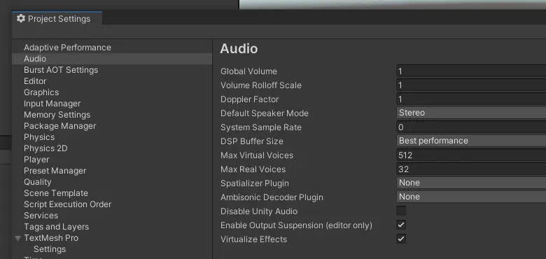 Unity audio project Setting