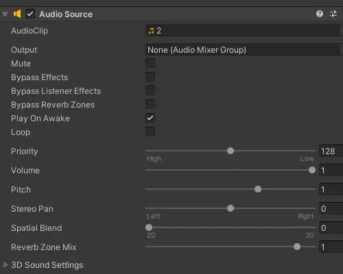 Unity audioSource Inspector